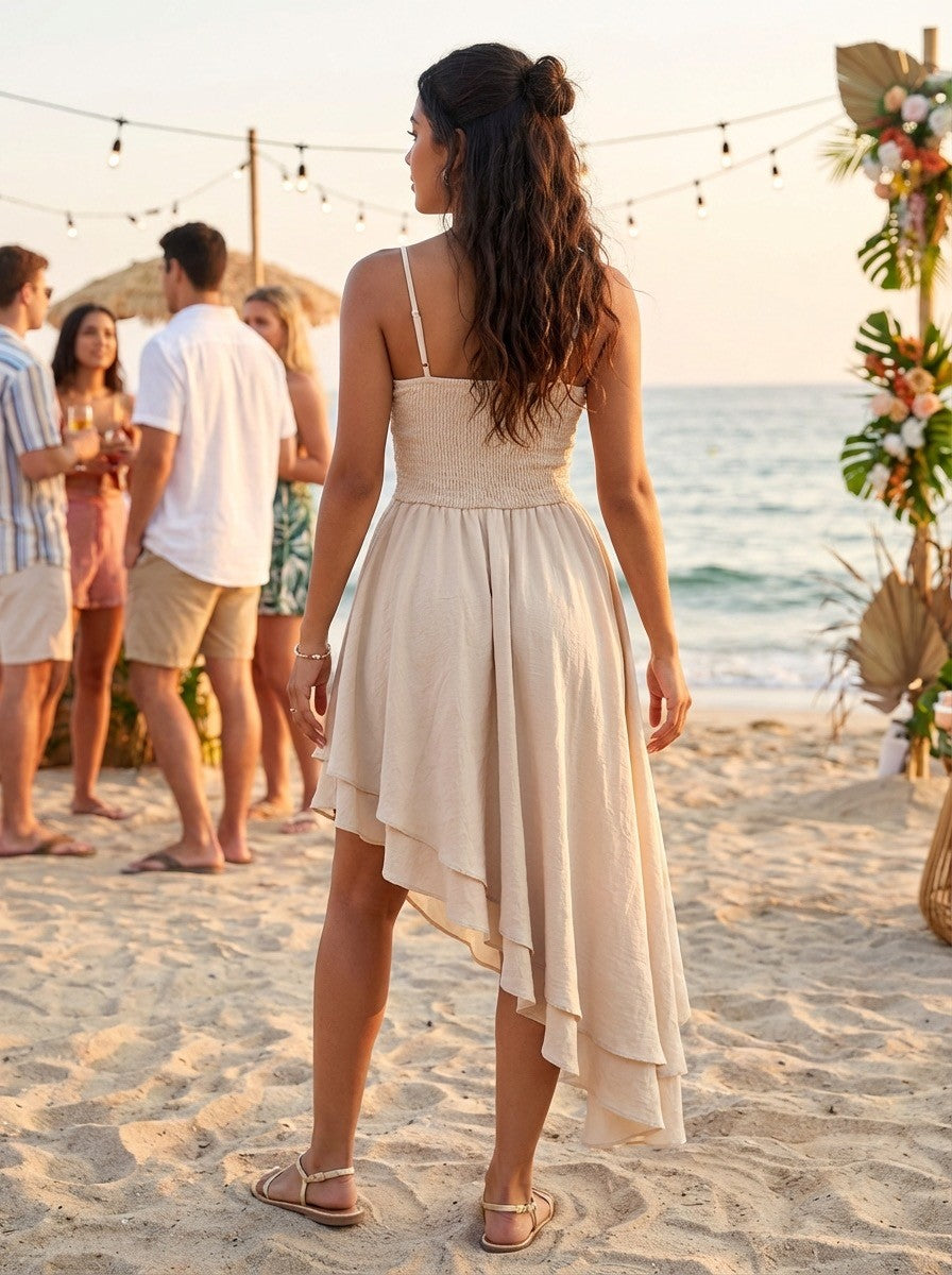 V-neck Crochet Waist High-low Dress