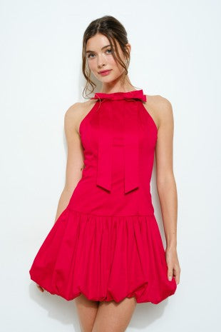 Sleeveless Bow Neck Bubble Hem Mini Dress