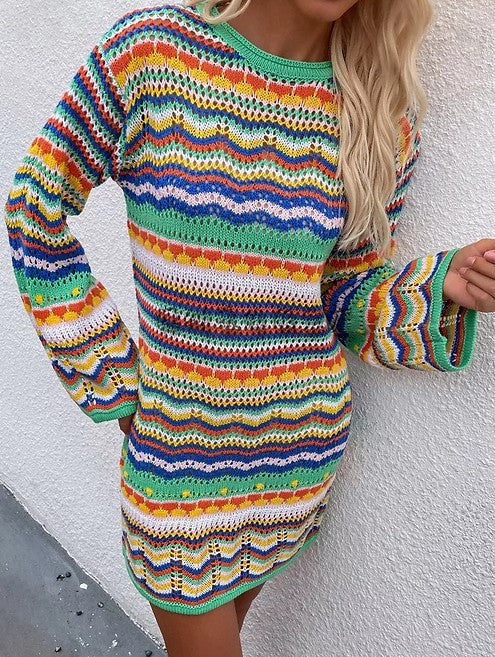 Unique Stripe Long Sleeve Knitted Mini Dress