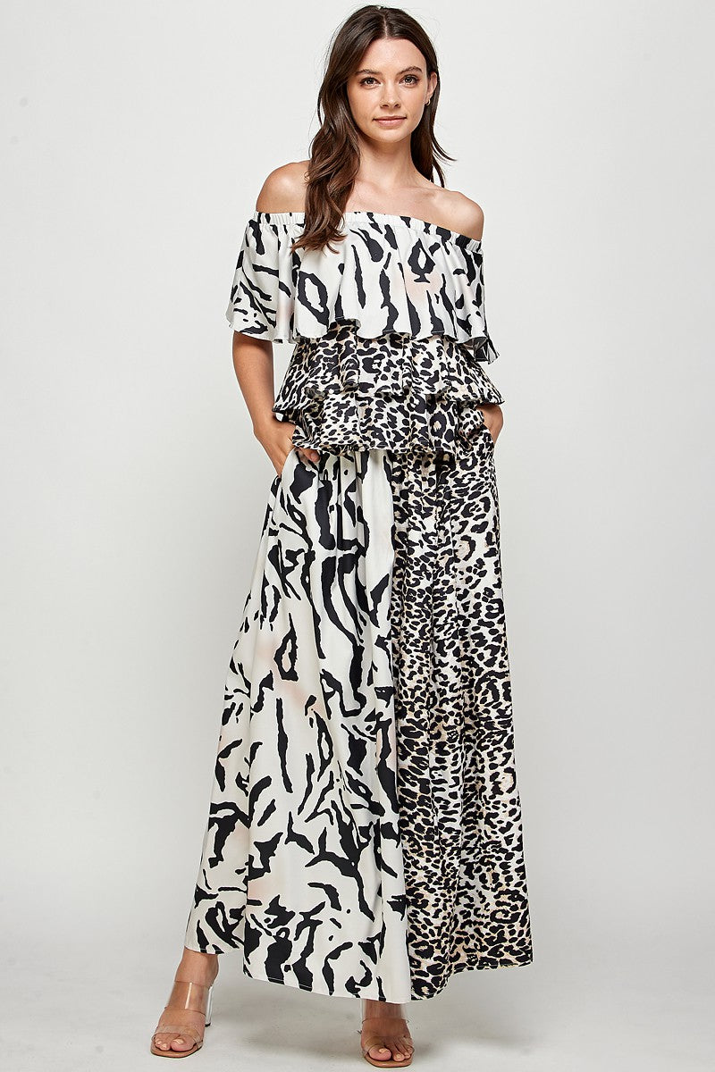 Off Shoulder Animal Print Set Jumpsuit