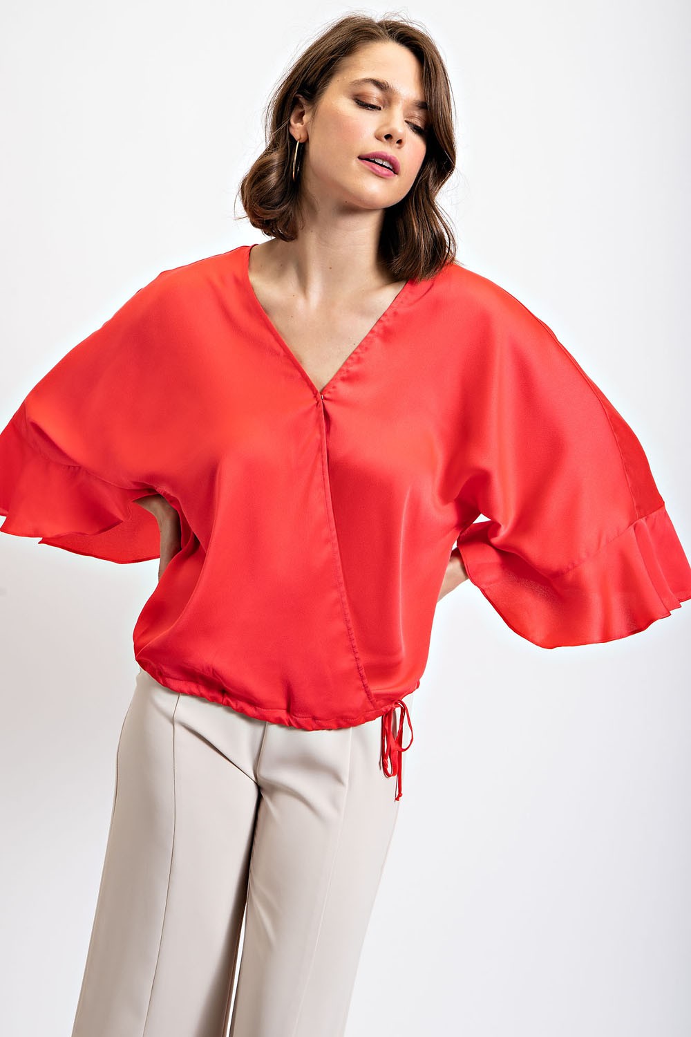 Side Tie Wrap Top With Ruffle Sleeve