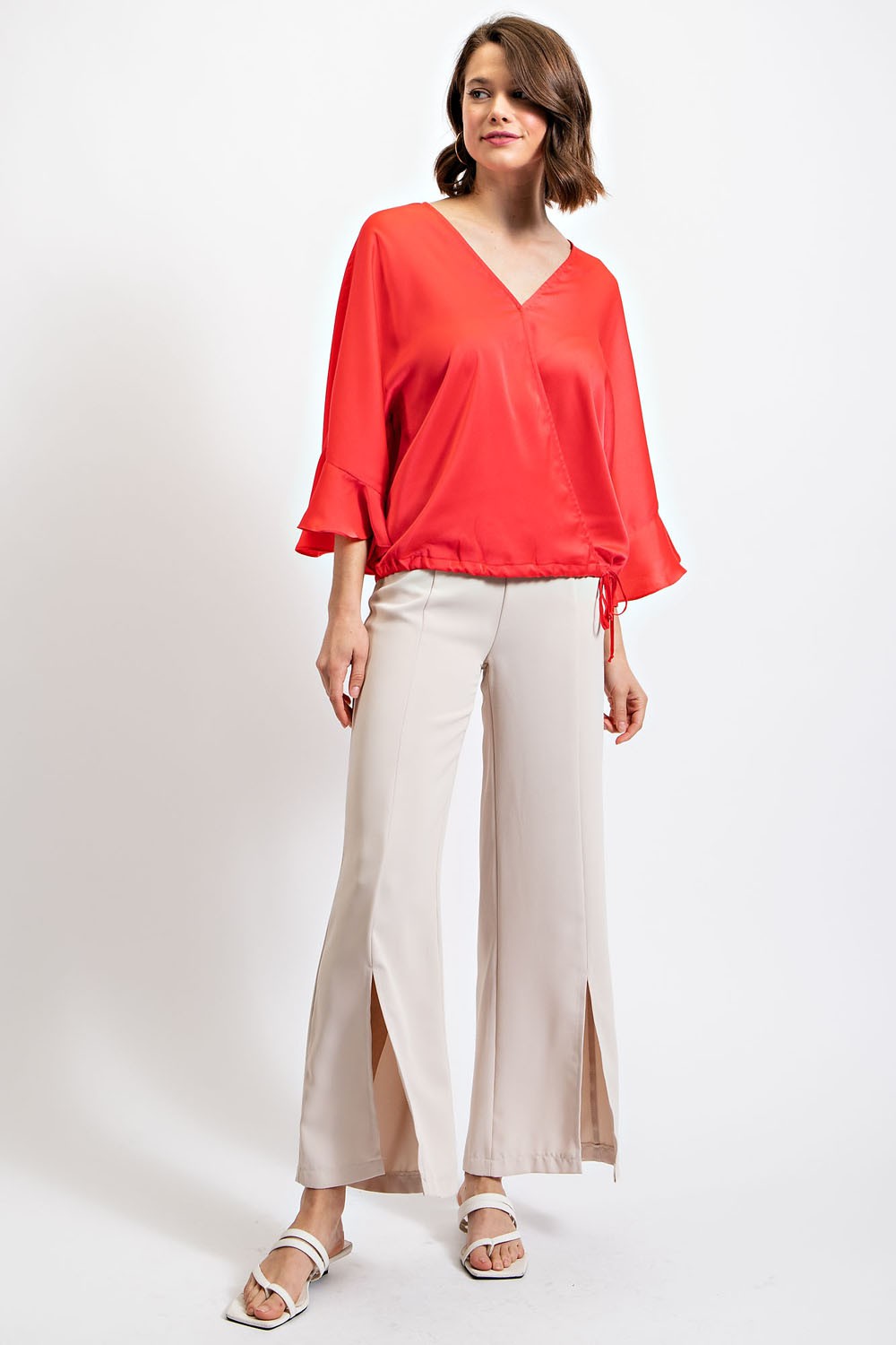 Side Tie Wrap Top With Ruffle Sleeve