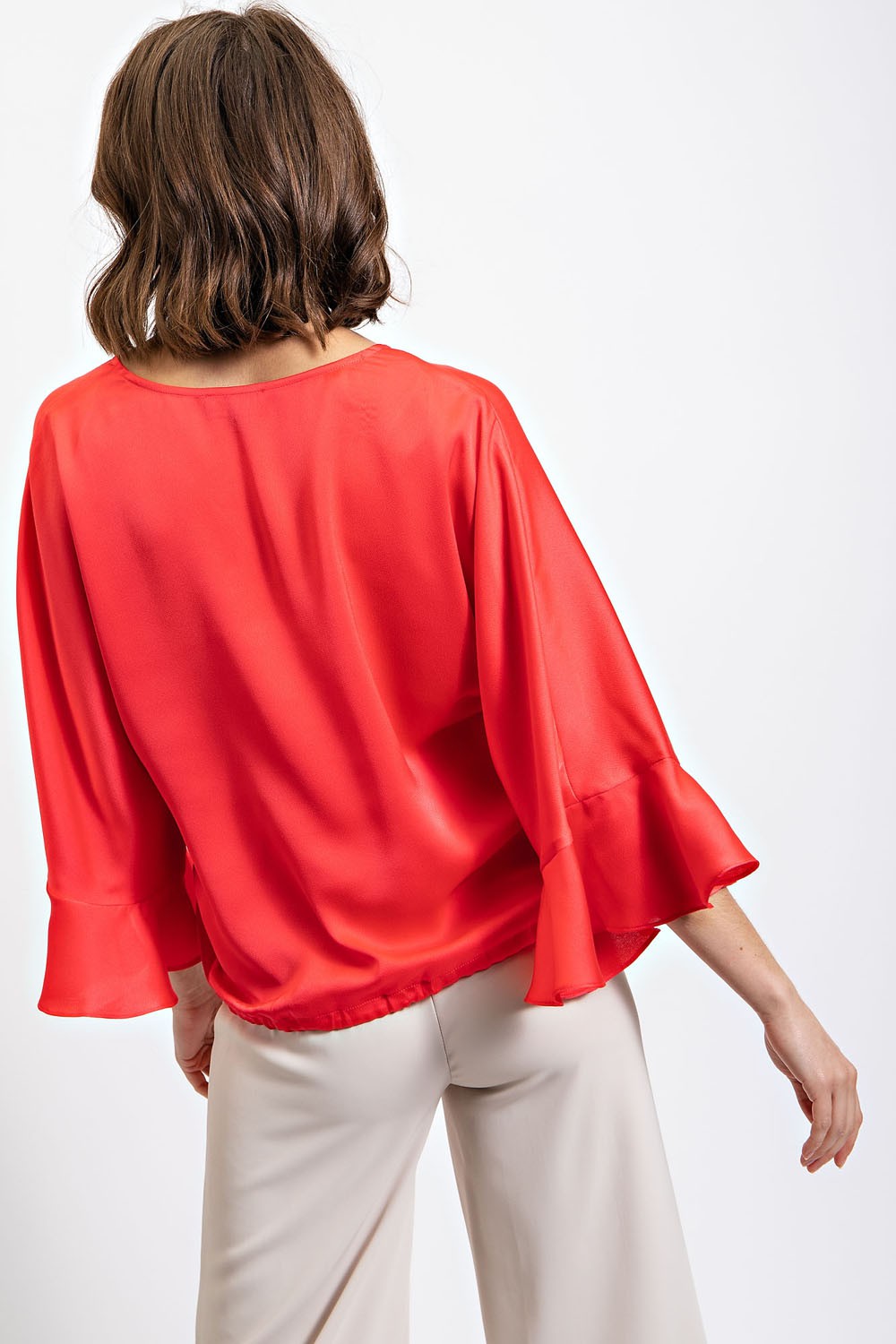 Side Tie Wrap Top With Ruffle Sleeve