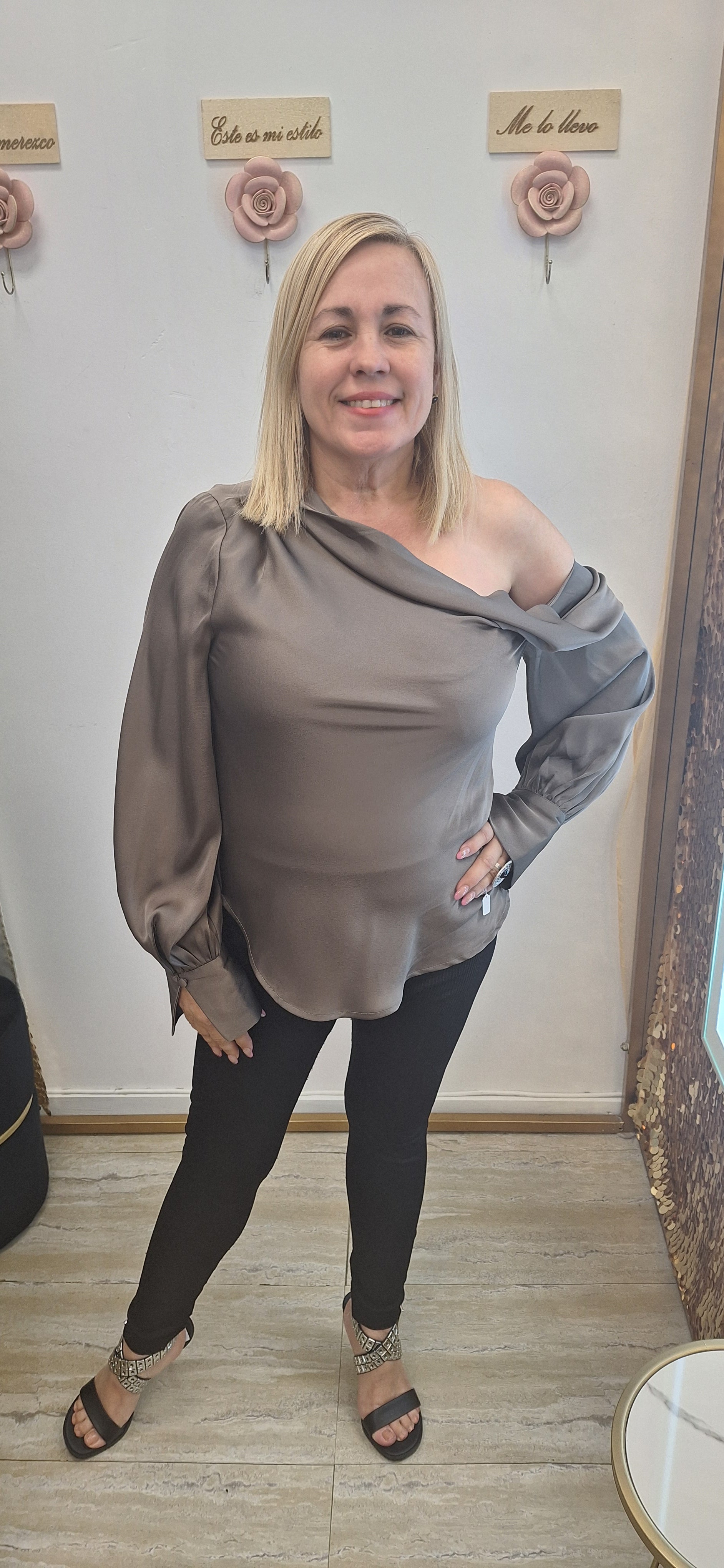 OFFSHOULDER SILKY SATIN BLOUSE