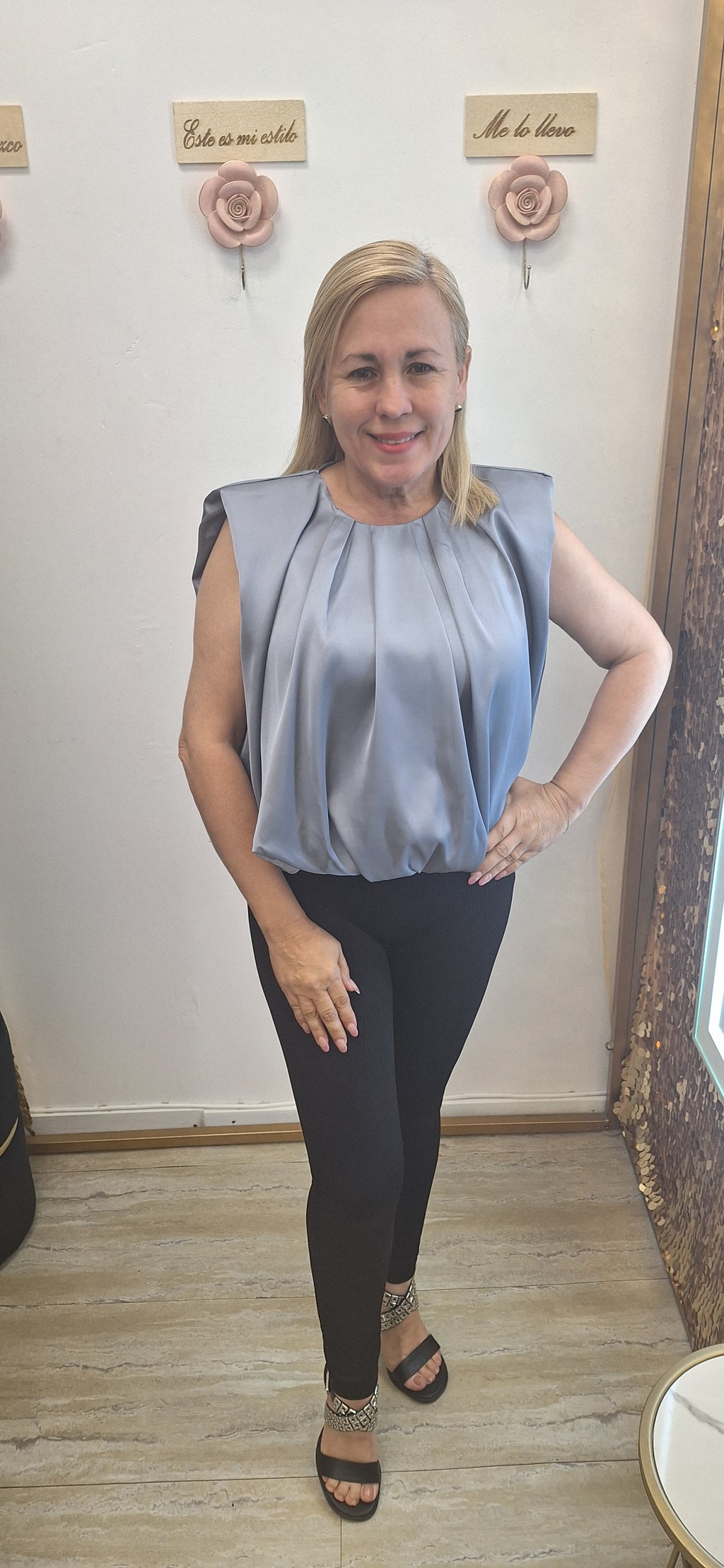 SHOULDER PADDED SILVER TOP