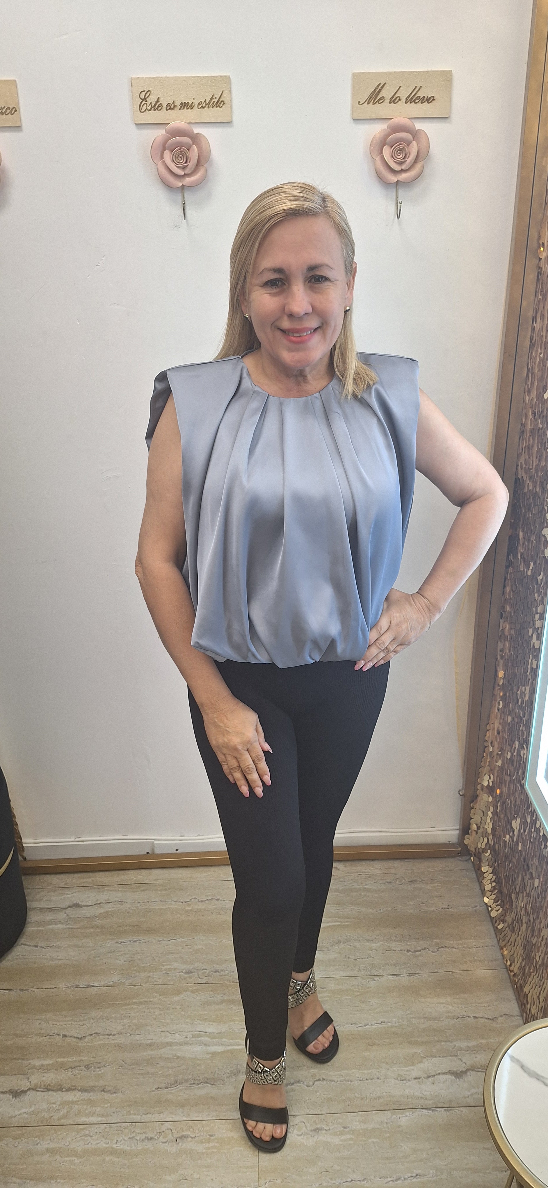 SHOULDER PADDED SILVER TOP