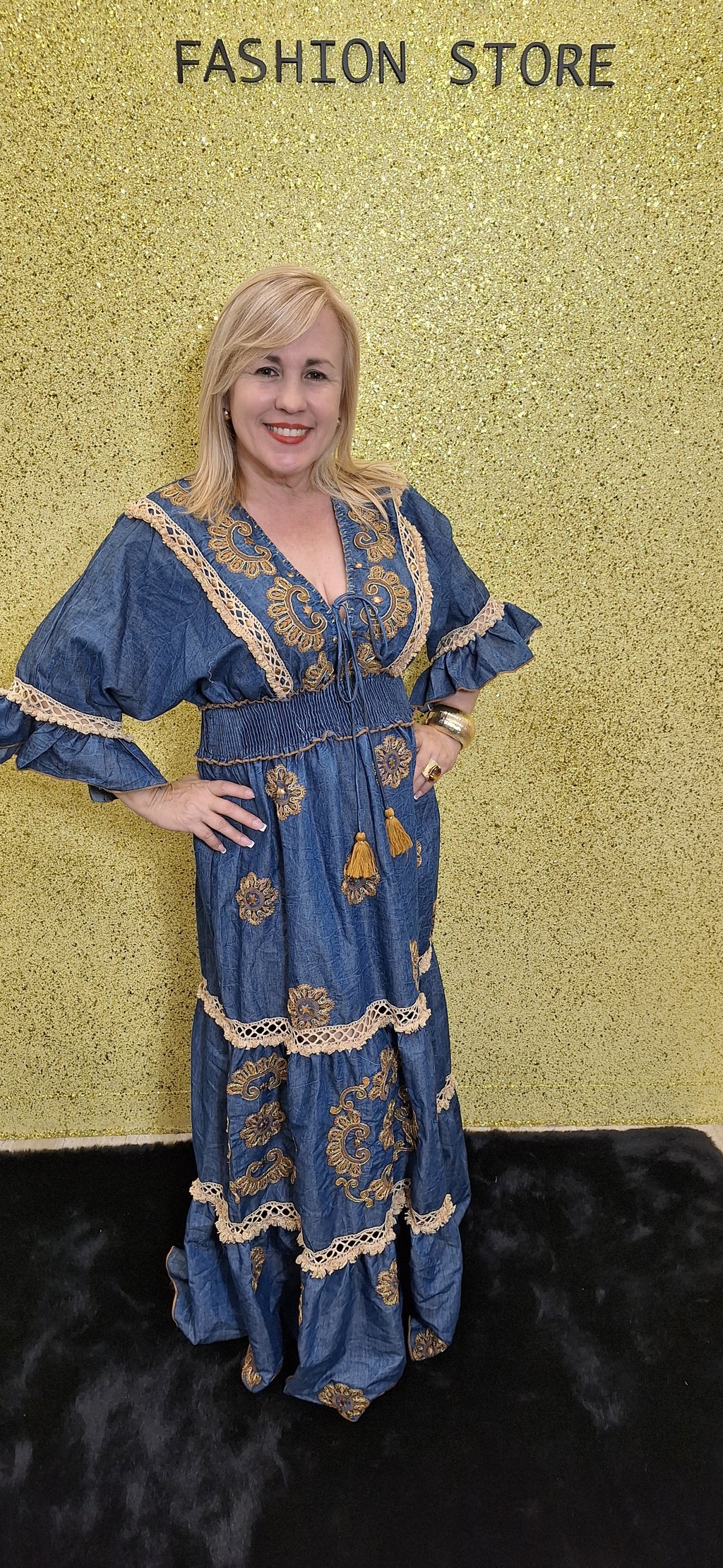 LONG DENIM DRESS B WITH BROWN