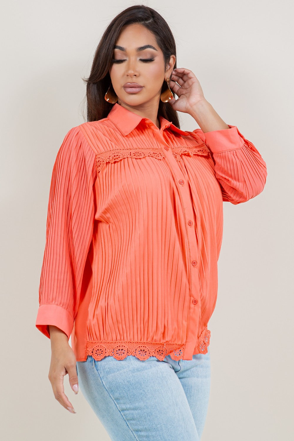 Solid Casual Pleated Stretch Shirt