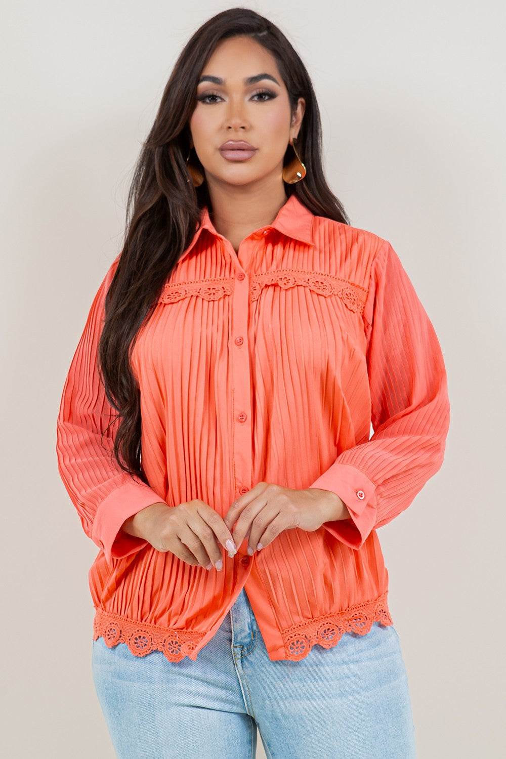 Solid Casual Pleated Stretch Shirt