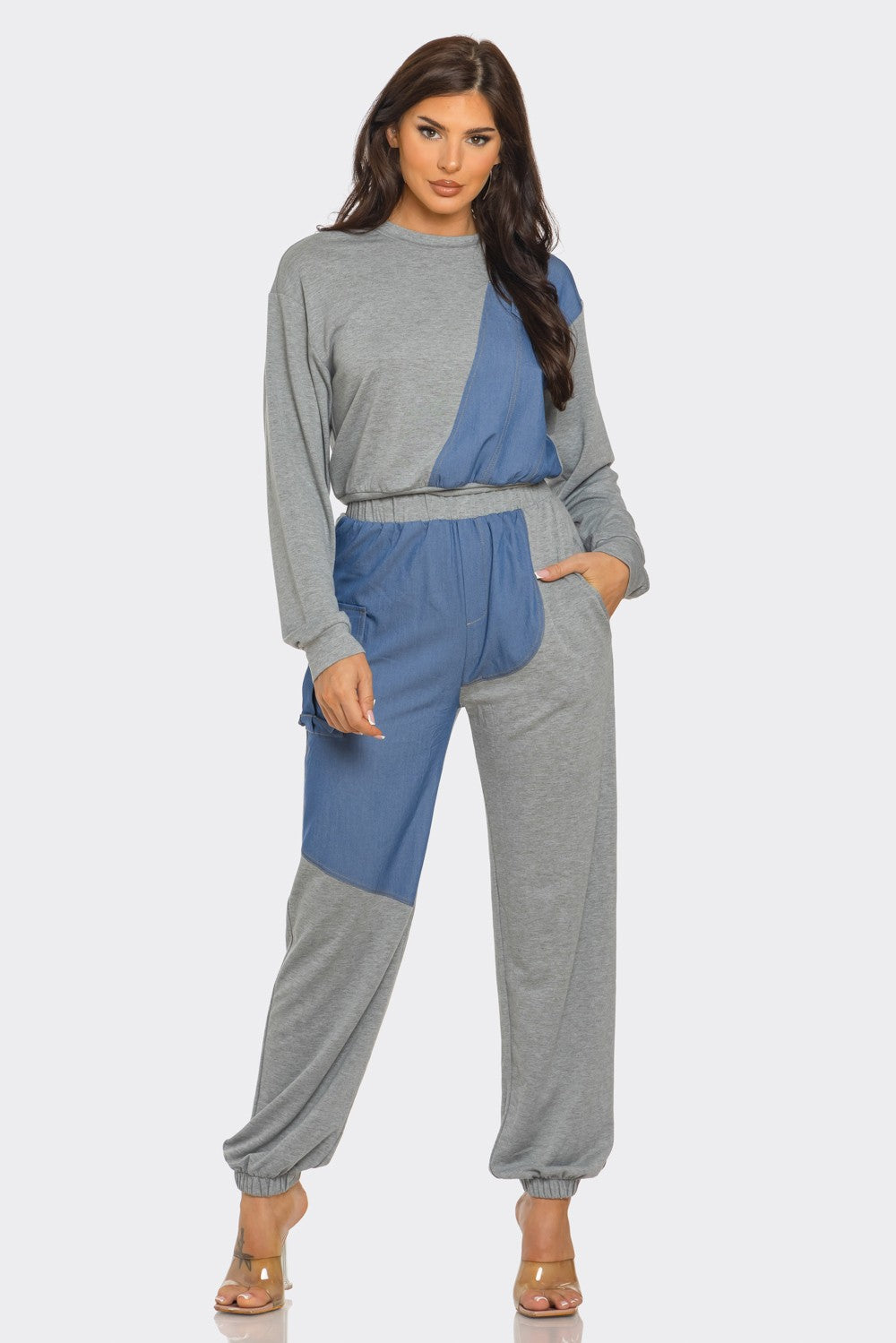 Color Block Denim Detail Top Pockets Pants Set