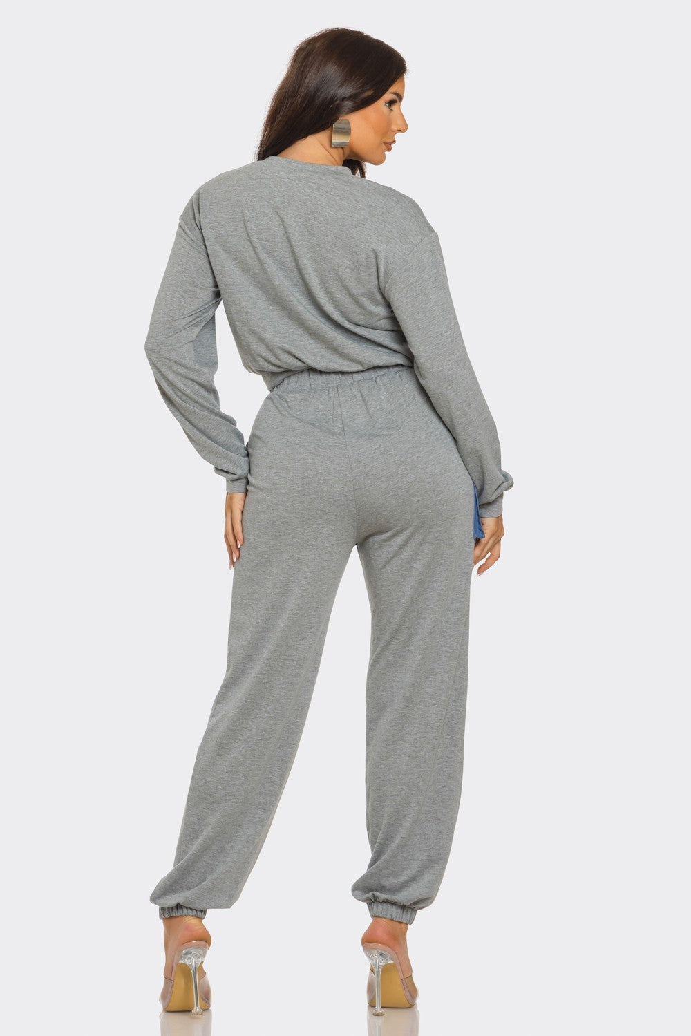 Color Block Denim Detail Top Pockets Pants Set