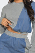 Color Block Denim Detail Top Pockets Pants Set