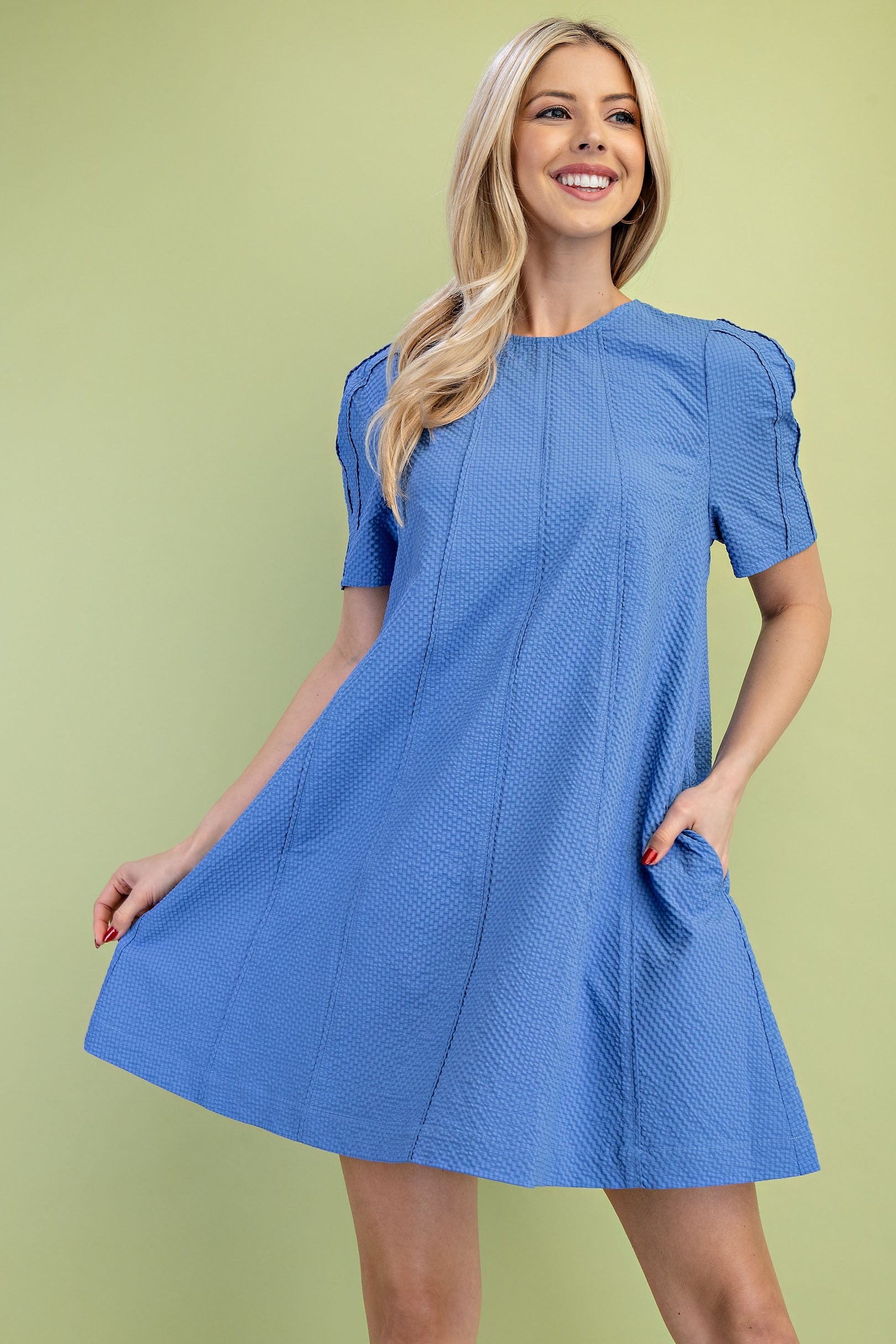 Paneled Textured Round Neck Mini Dress