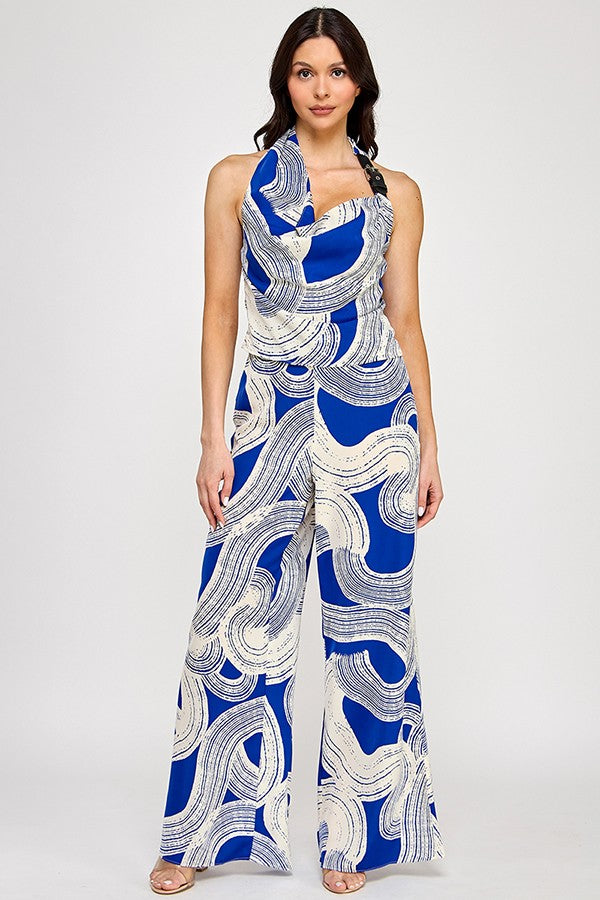 Printed Cowl Halter Top BLUE