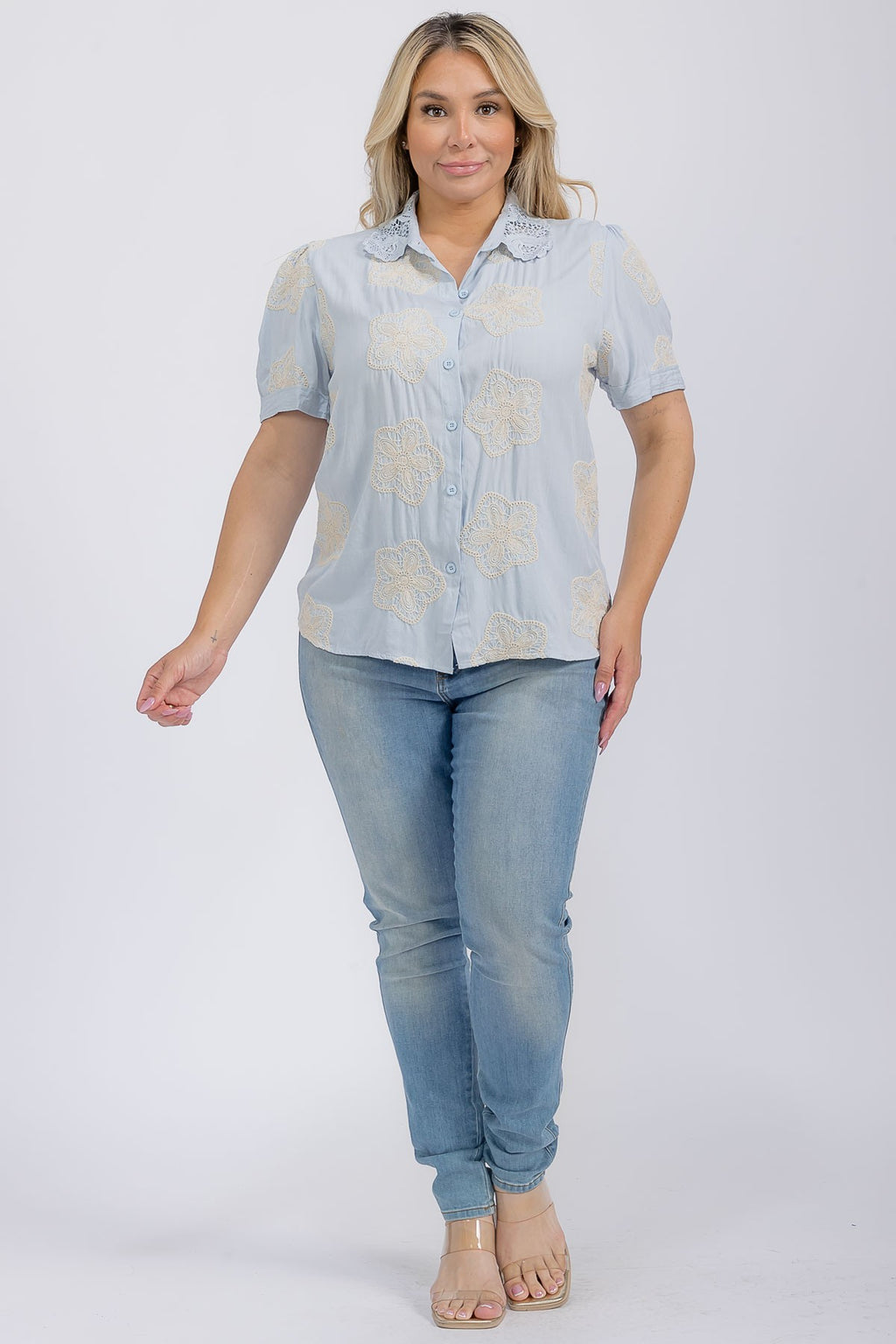 Plus Embroidered Button Down Blouse