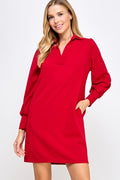 Solid collared dress V-neck long sleeve