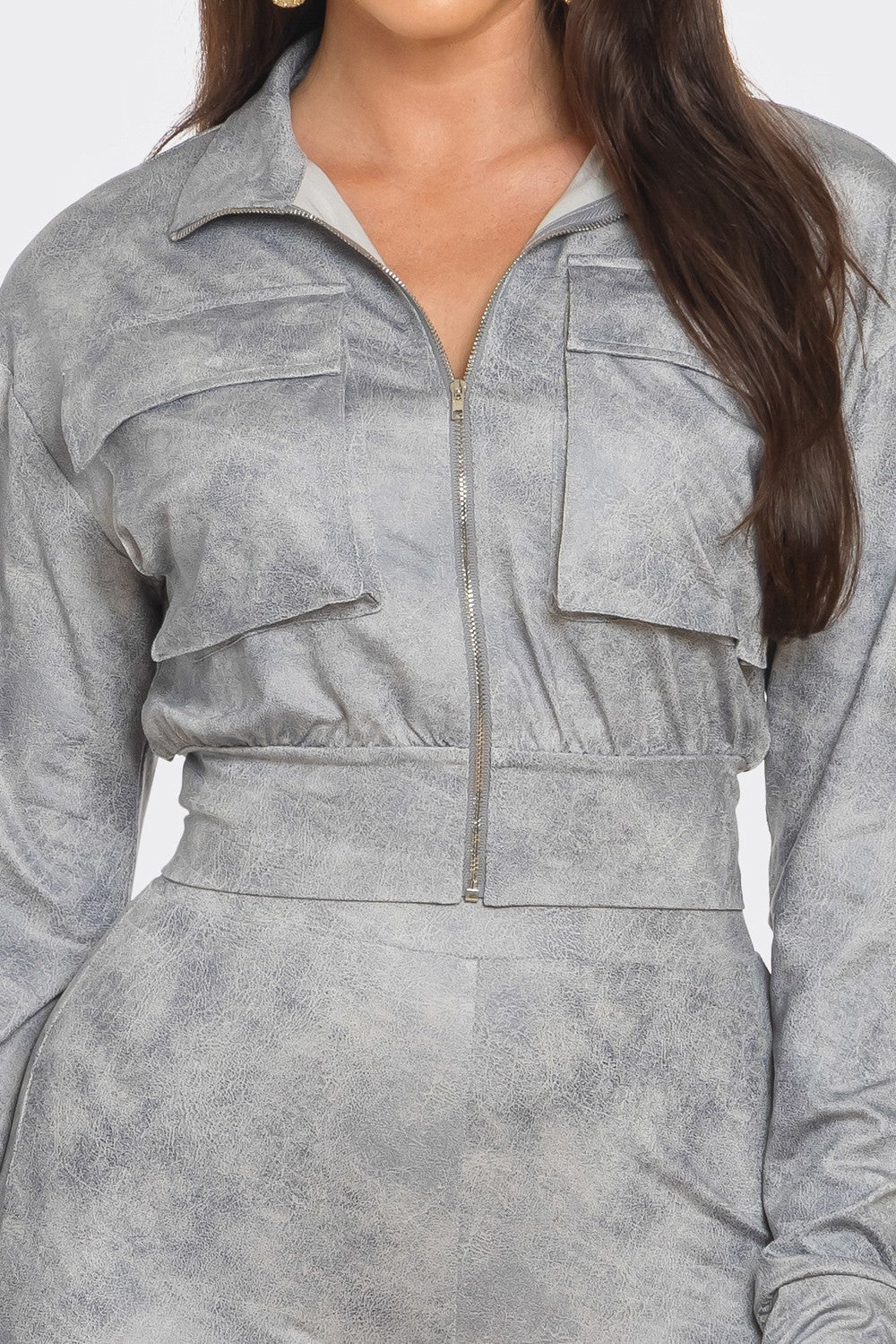 Distressed Leather Looking Zipper Jacket Sets