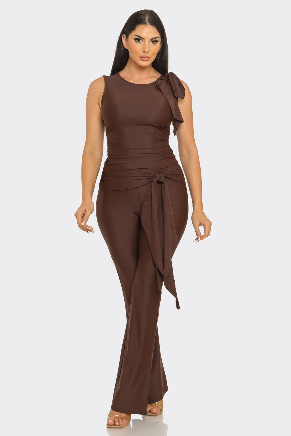 Ribbon Tie Ruffle Top And Pants Set