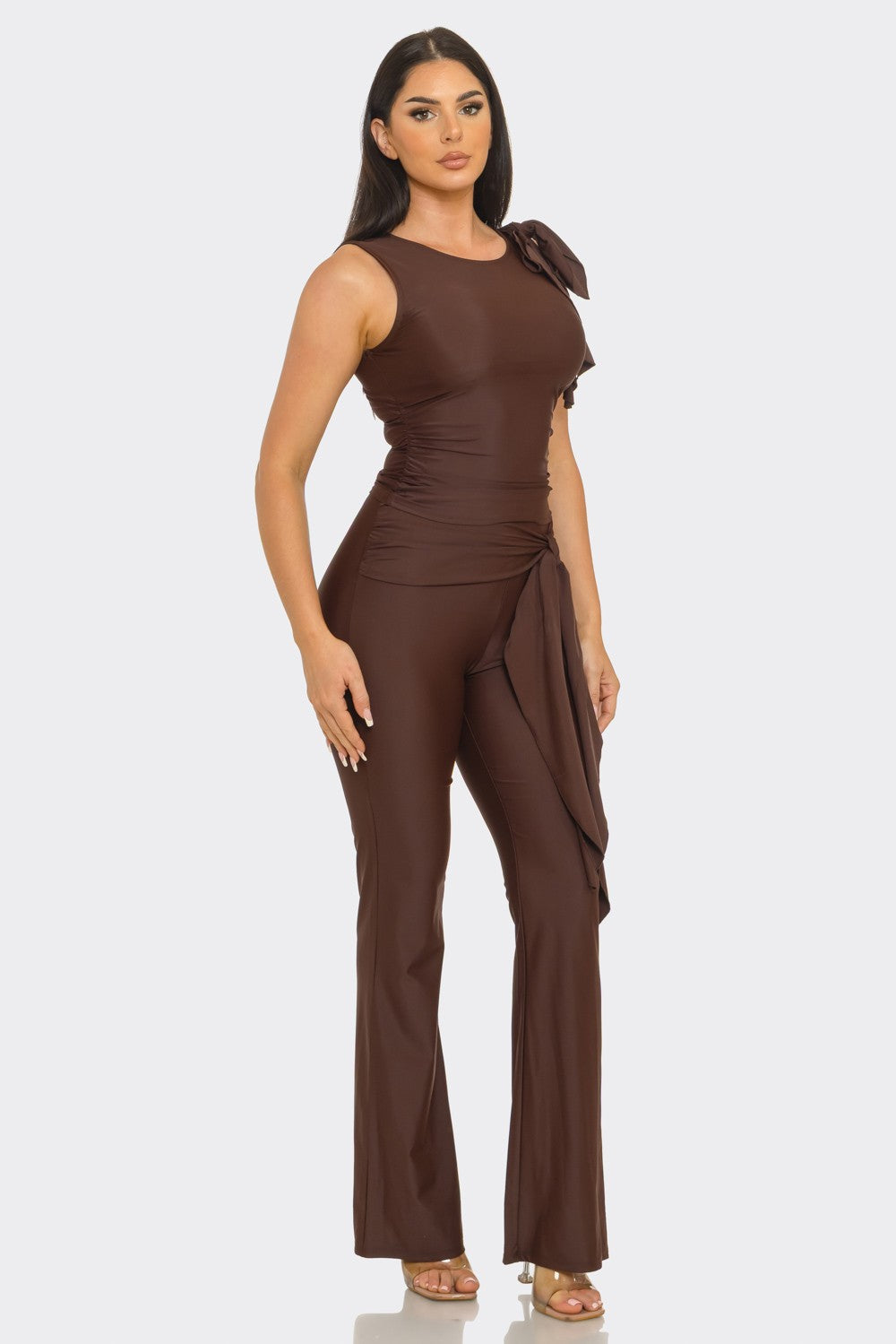Ribbon Tie Ruffle Top And Pants Set