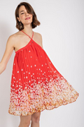 Floral Print Pleated Halter Neck Dress