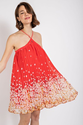 Floral Print Pleated Halter Neck Dress