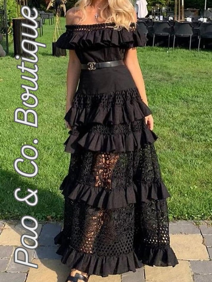 Offshoulder Lace Ruffle Maxi Dress