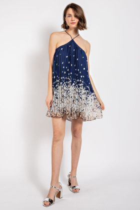 Floral Print Pleated Halter Neck Dress