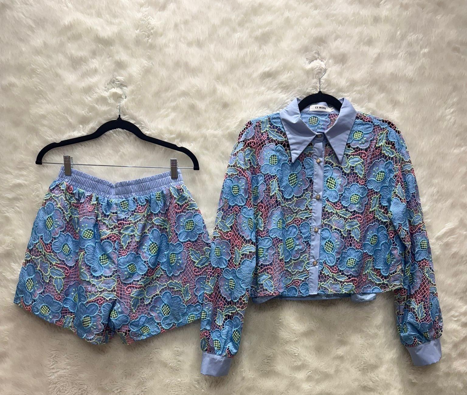 Embroided Blue Pink Set