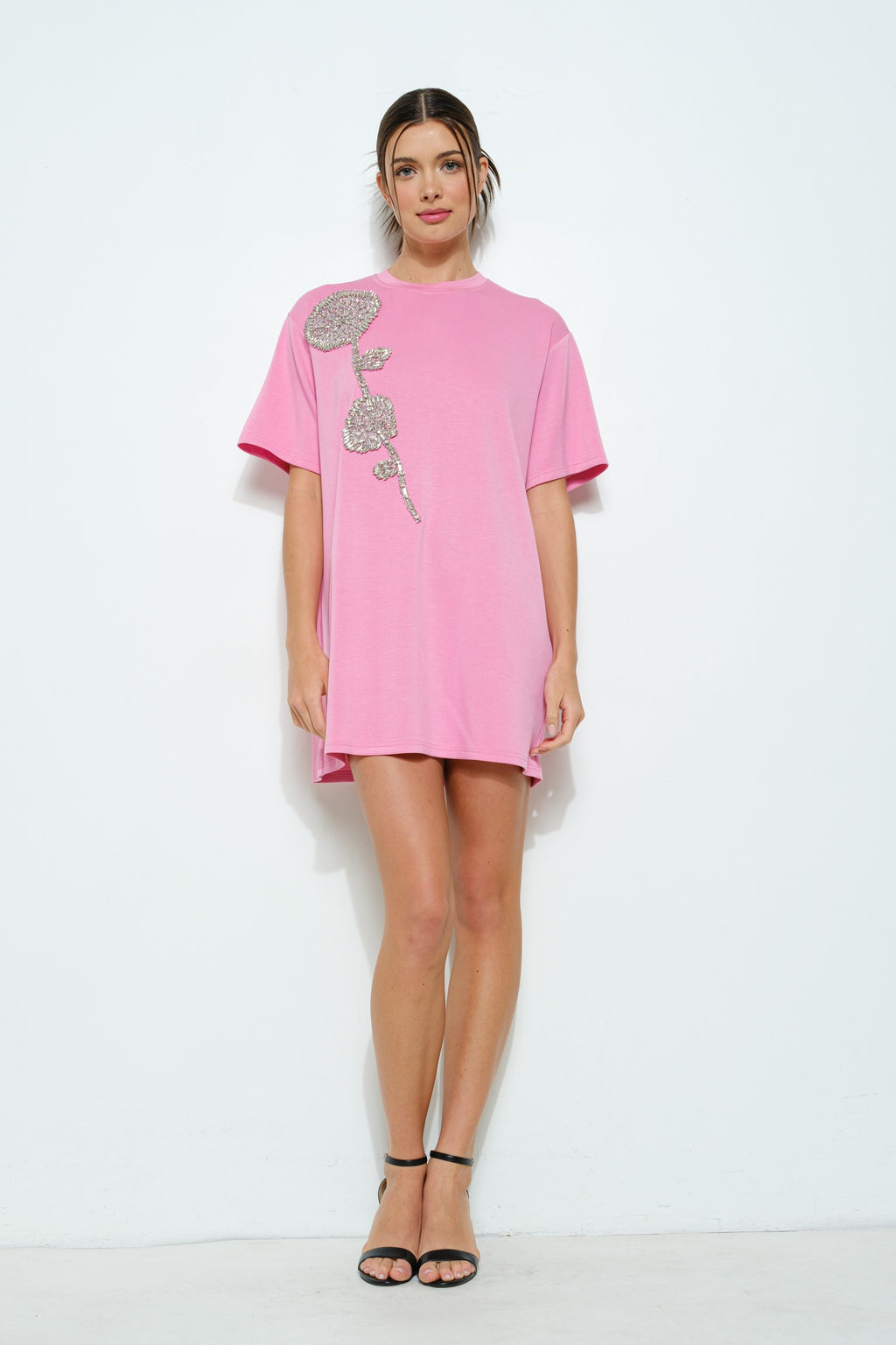 Rhinestone Beaded Flower Embellished T-shirt Dress