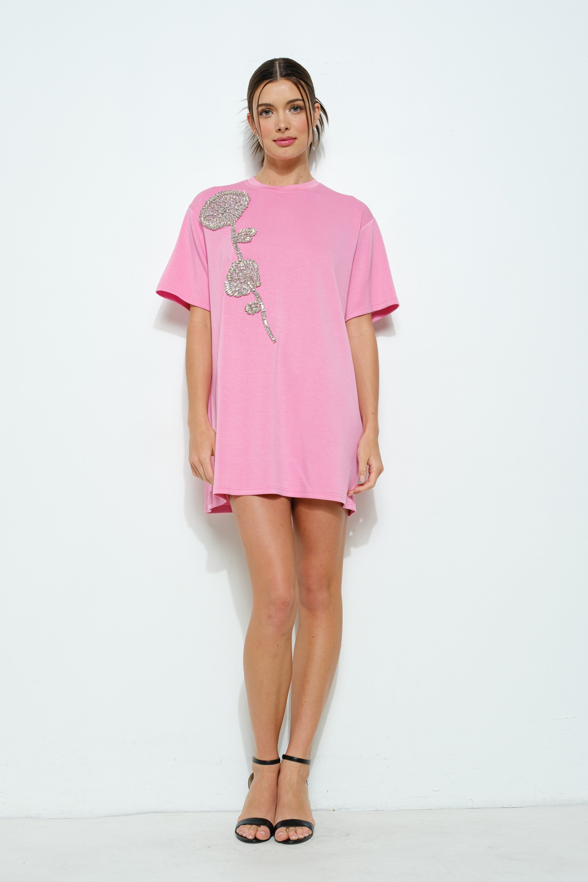 Rhinestone Beaded Flower Embellished T-shirt Dress