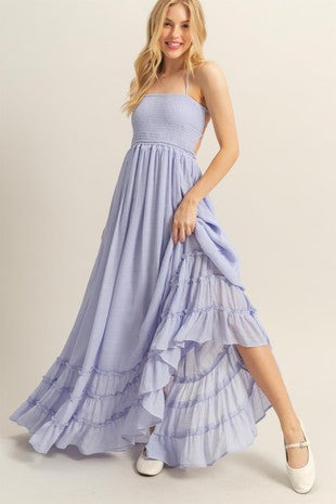 Halter Neck Smocked Tiered Hem Maxi Dress