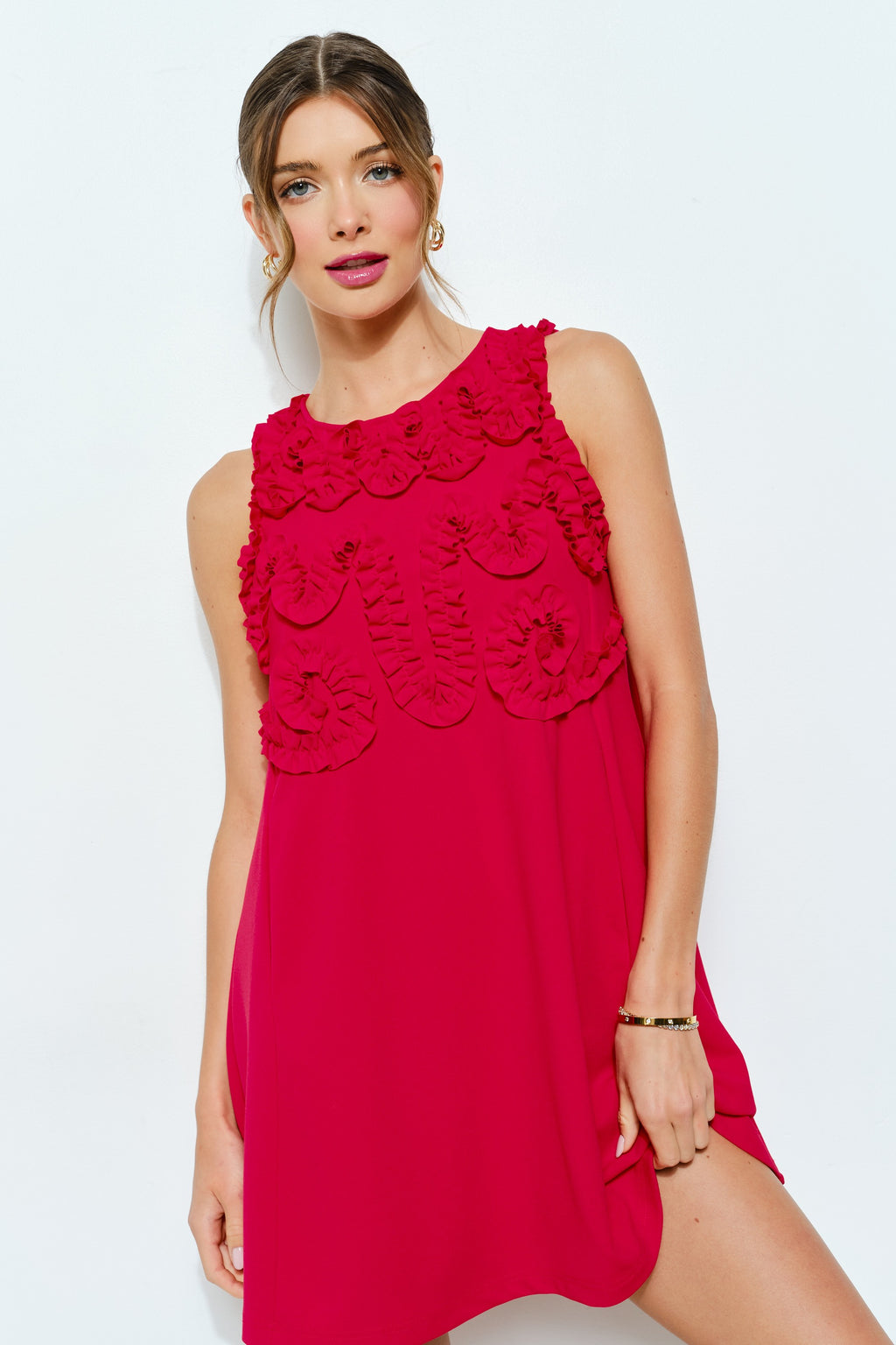 Crewneck Floral Ruffled Sleeveless Mini Dress