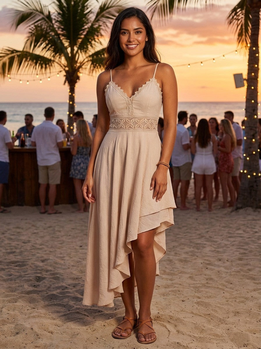V-neck Crochet Waist High-low Dress