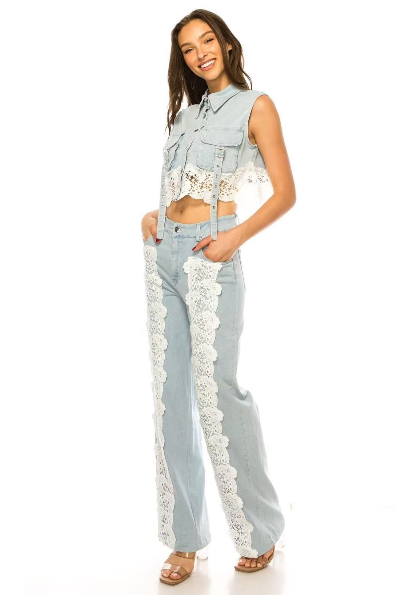 Denim Set With Lace Detail Cargo Denim