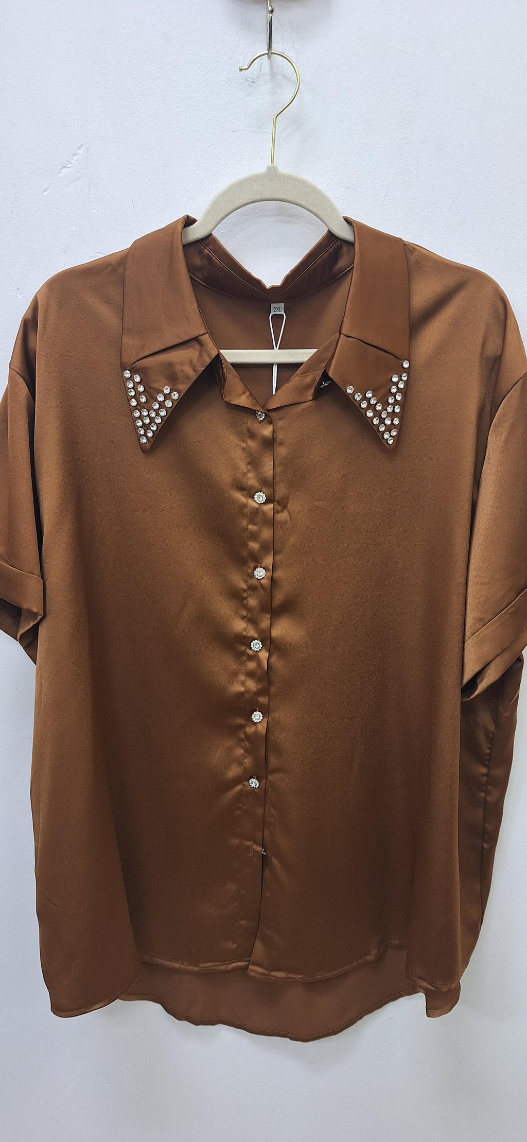 Plus Size Solid Fashion Satin Shirt BROWN
